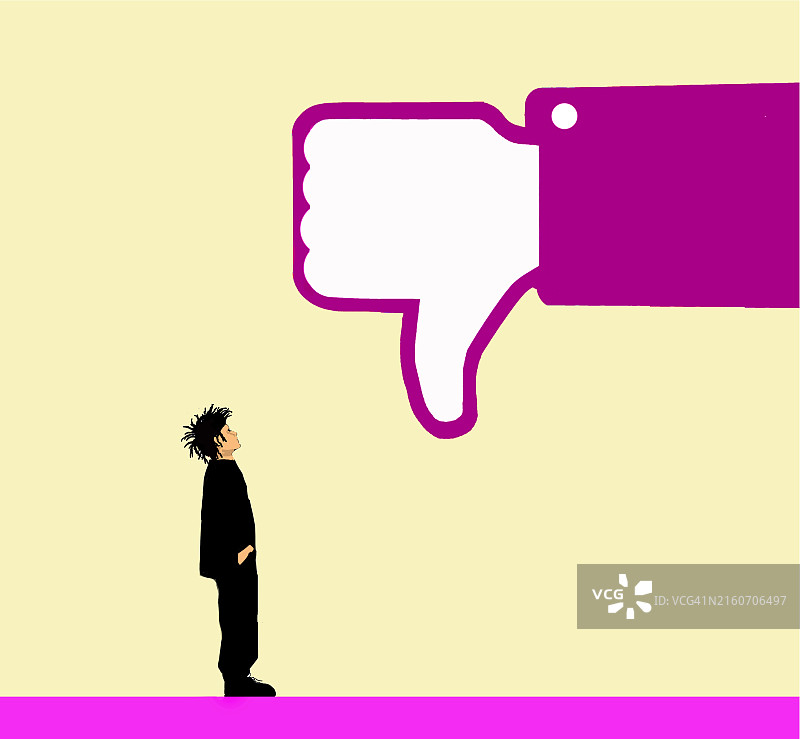 男孩看着超大“不喜欢”拇指标志插画图片素材
