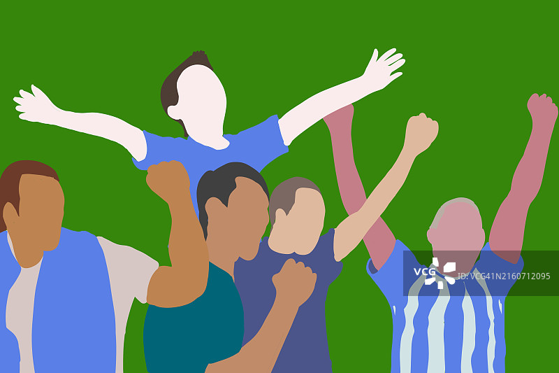 一群足球迷在绿色背景前庆祝胜利图片素材