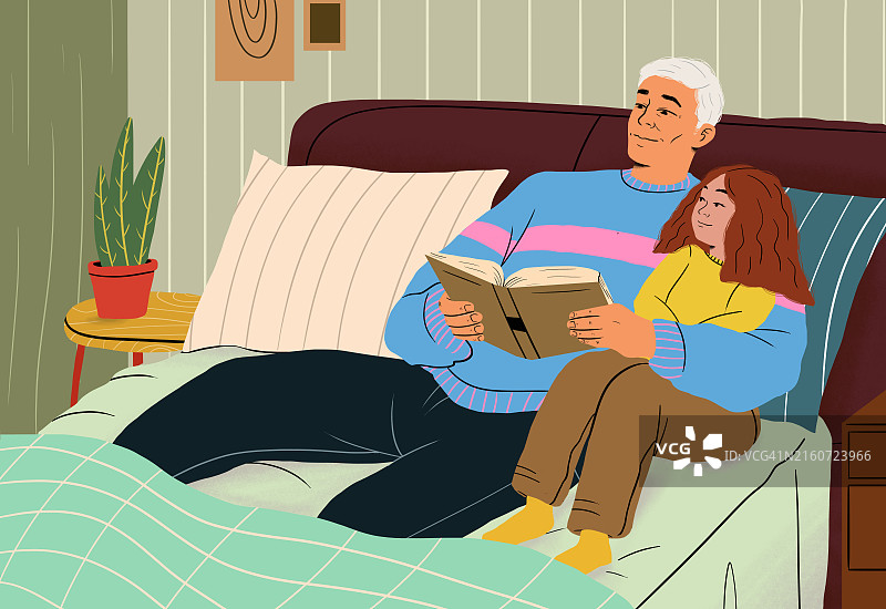 爷爷在家给孙女讲故事图片素材