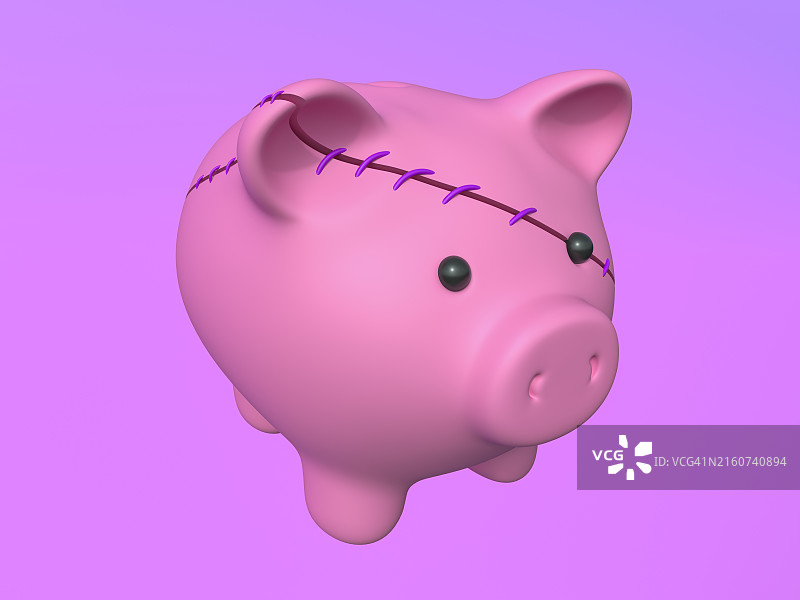 粉色背景下的拼接破碎小猪储蓄罐图片素材