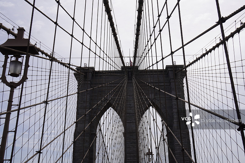 纽约市布鲁克林大桥悬索塔和灯柱图片素材
