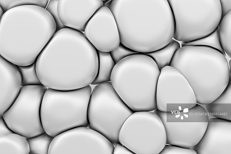 光滑的液态银色、白色、灰色气泡、滴、斑点背景。抽象的未来主义单色3D图案，构图。设计元素。图片素材