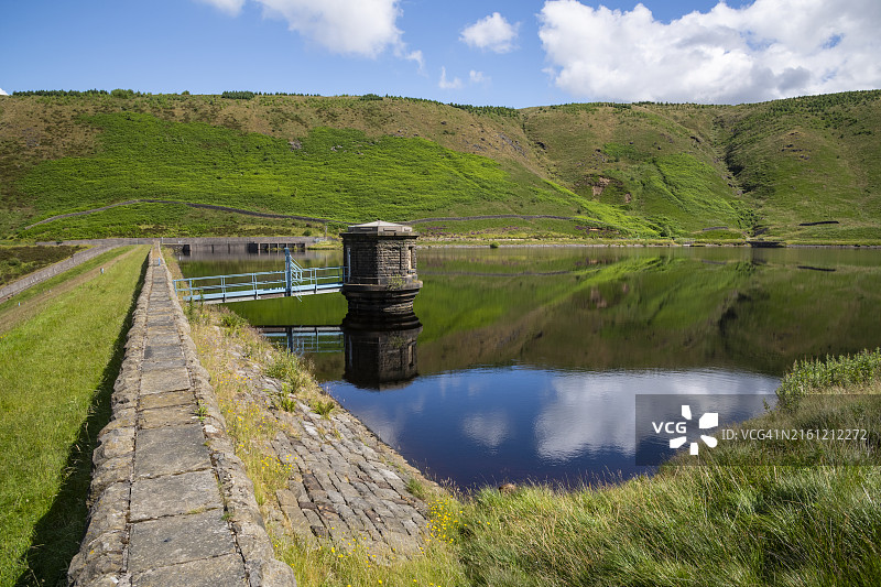 英格兰峰区萨德尔沃思沼泽下的格林菲尔德水库图片素材