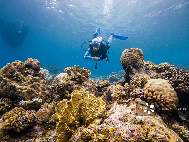 在印度尼西亚哥伦打洛水下探险的潜水员图片素材
