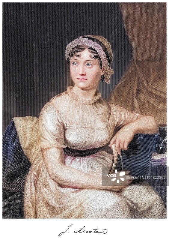 简·奥斯汀肖像（1775年12月16日-1817年7月18日），英国小说家，以其六部小说闻名，这些小说隐含地诠释、评论了18世纪末英国乡绅图片素材