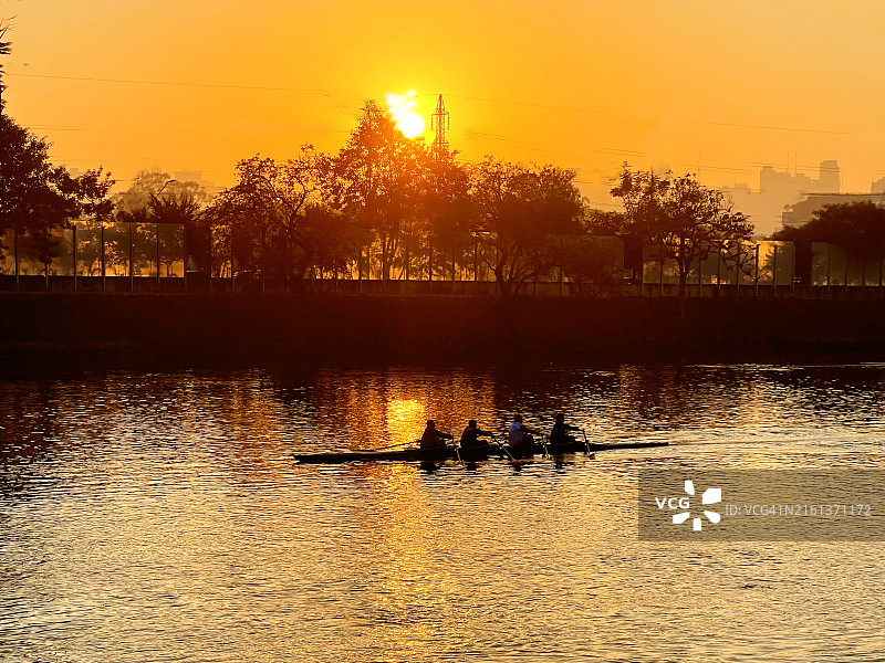 清晨在河上锻炼的赛艇队图片素材