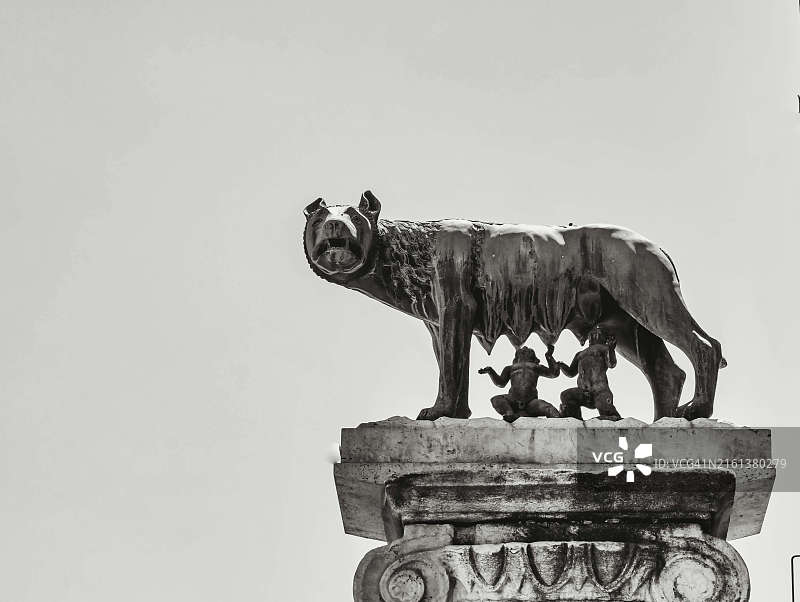 黑白摄影：母狼哺育罗穆卢斯和雷穆斯，罗马的象征图片素材