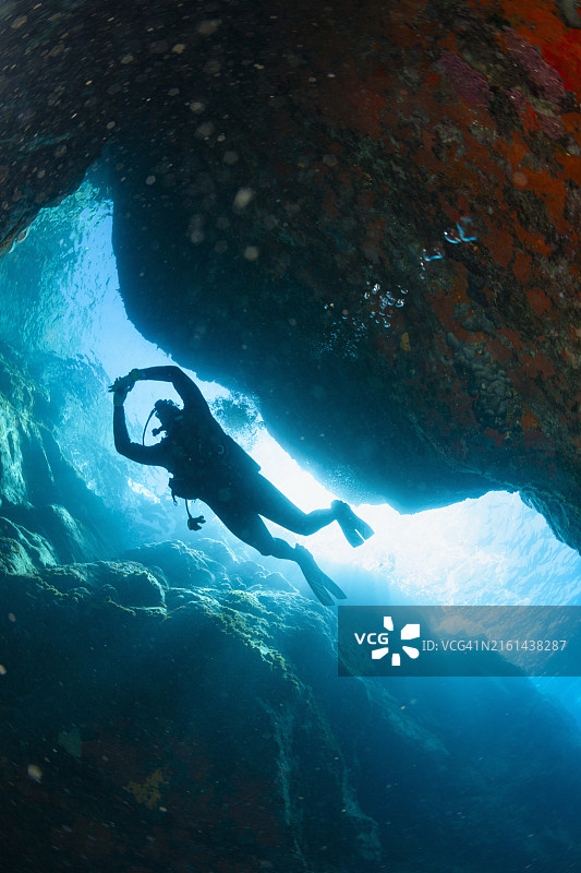 水肺潜水：水肺潜水员的轮廓，探索和享受，五彩缤纷的珊瑚礁上的橙色海绵，水下峡谷，洞穴入口，美丽的海底生物图片素材