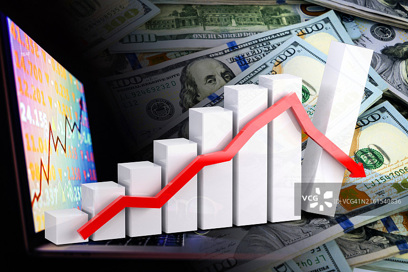 向下箭头、美元现金、笔记本和股市指数 - 经济图表图片素材