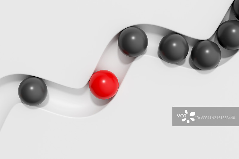 抽象3D概念背景：红色球体与白色背景上的黑球分离，领导力、自信、愿望、个性和脱颖而出图片素材