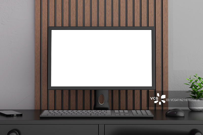 工作区电脑模型：木质面板和盆栽植物图片素材