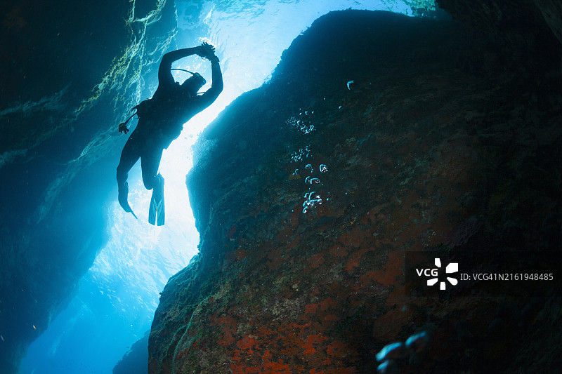 水肺潜水：水肺潜水员的轮廓，探索和享受，五彩缤纷的珊瑚礁上的橙色海绵，水下峡谷，洞穴入口，美丽的海底生物图片素材