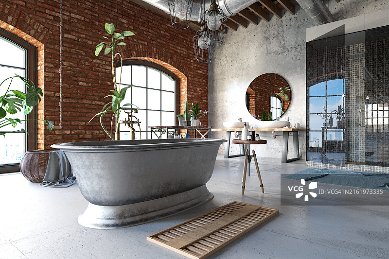 工业风阁楼浴室与金属浴缸图片素材