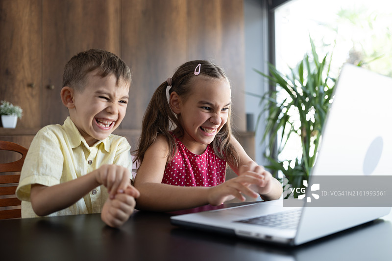 小兄妹在使用笔记本电脑时调皮捣蛋图片素材