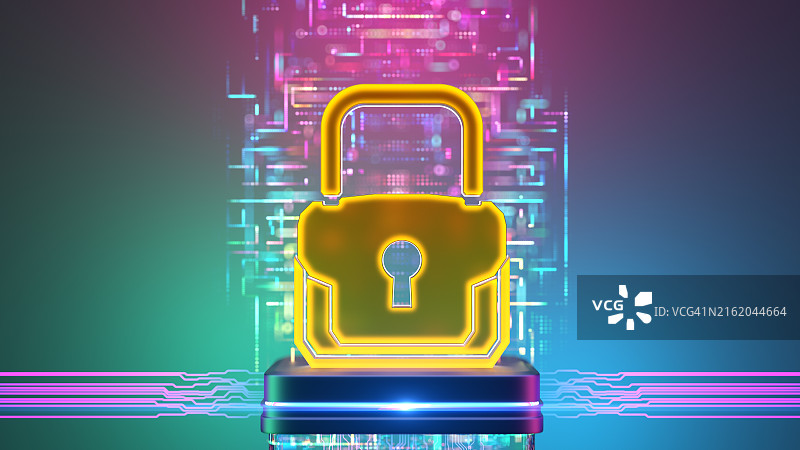 网络安全：网络和数据保护，数字CPU上的锁图片素材
