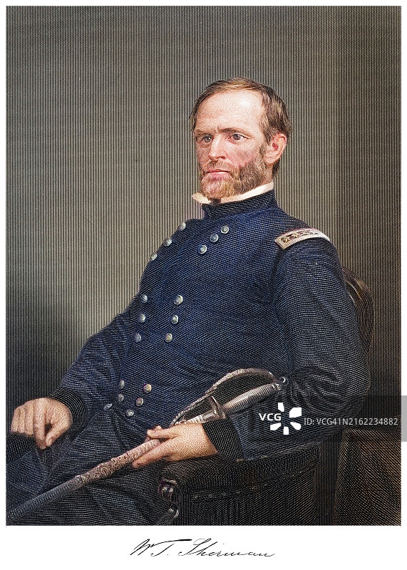 美国军人、商人、教育家和作家威廉·特库姆塞·谢尔曼将军肖像图片素材