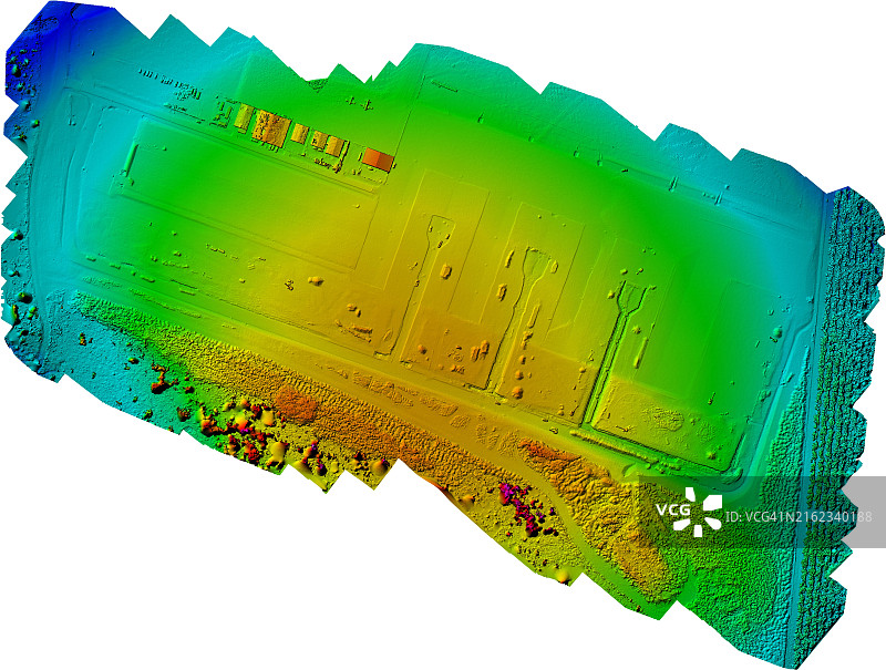 具有建筑物和树木的平坦开放区域的航拍高程模型图片素材