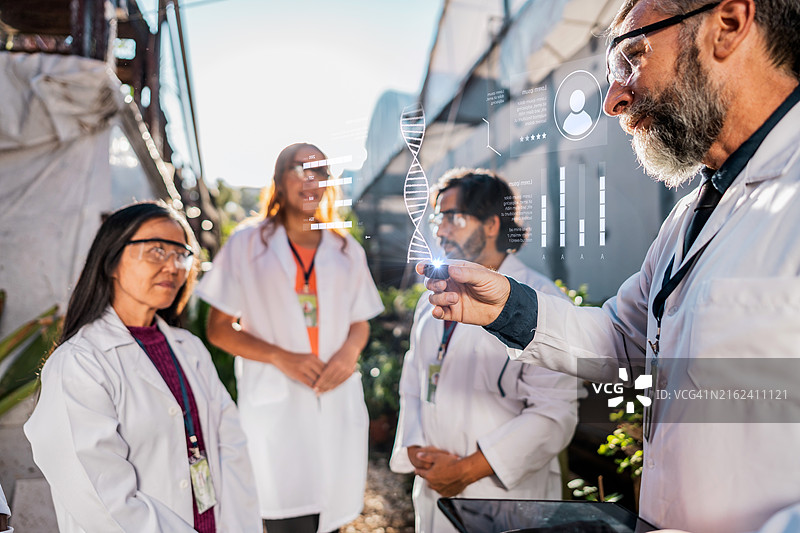 植物团队在温室中分析数据图片素材