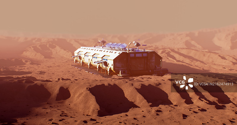 火星上的光滑工业空间站，位于尘土飞扬的沙漠之中图片素材