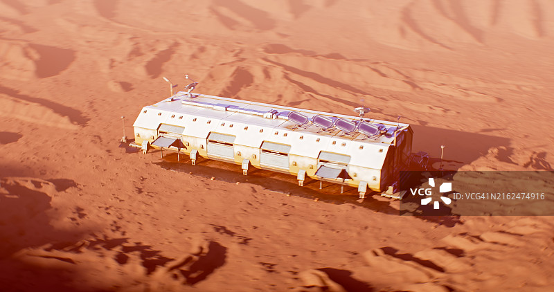 以尘土飞扬的沙漠为背景的火星工业空间站图片素材