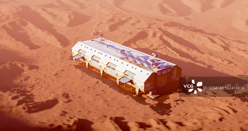 从火星尘土飞扬的沙漠中升起的时尚工业空间站图片素材