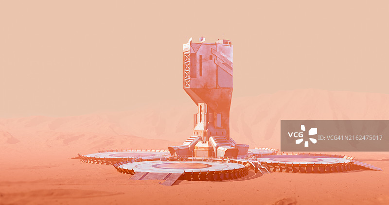 火星景观：未来主义塔楼和尘土飞扬的沙漠中的平台图片素材