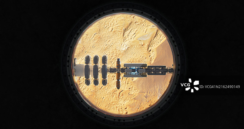 透过舷窗：空间站漂浮在沙漠星球之上图片素材