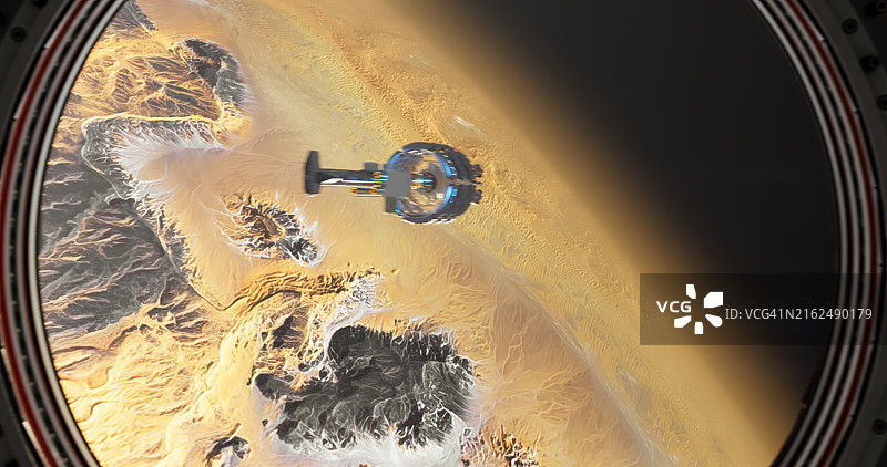 透过舷窗，空间站悬浮在沙漠星球之上图片素材