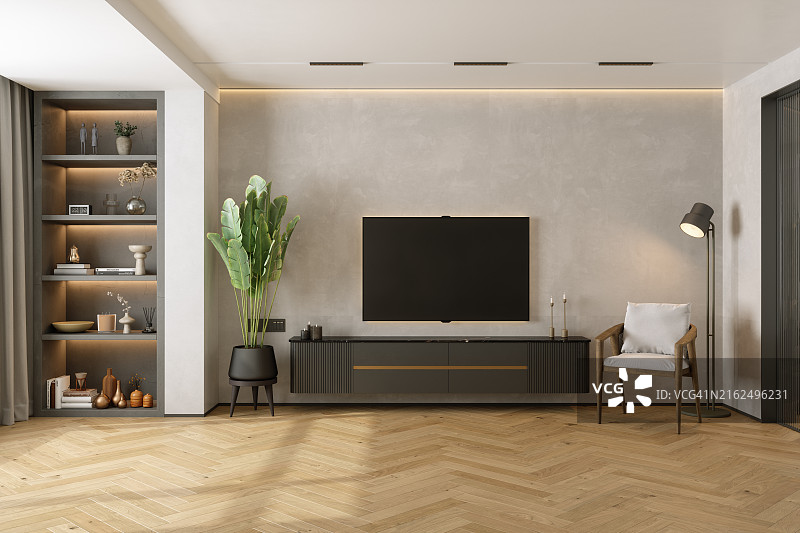 带有液晶电视、盆栽、扶手椅和装饰品的客厅内景图片素材