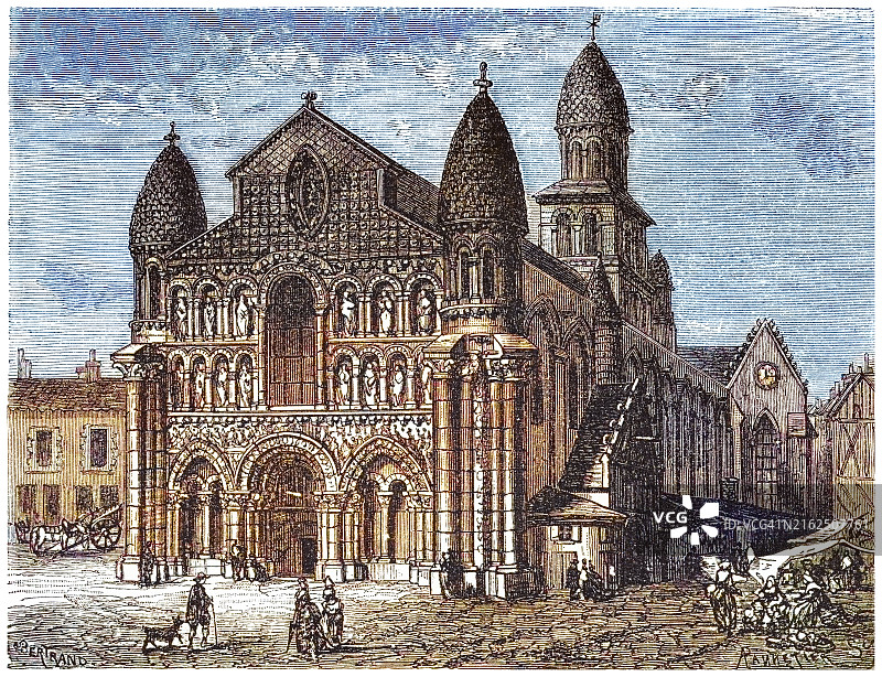 法国普瓦捷圣母大教堂古老雕刻插图图片素材