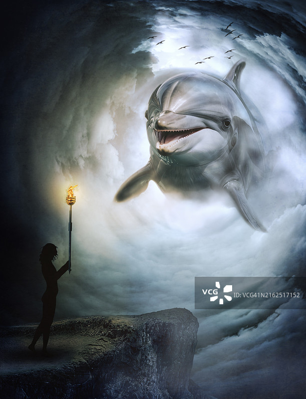 女子举着火炬，为穿梭云层的海豚指路的剪影图片素材