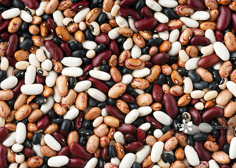 红色、白色和杂色豆类种子与鹰嘴豆混合背景。健康的素食概念。图片素材