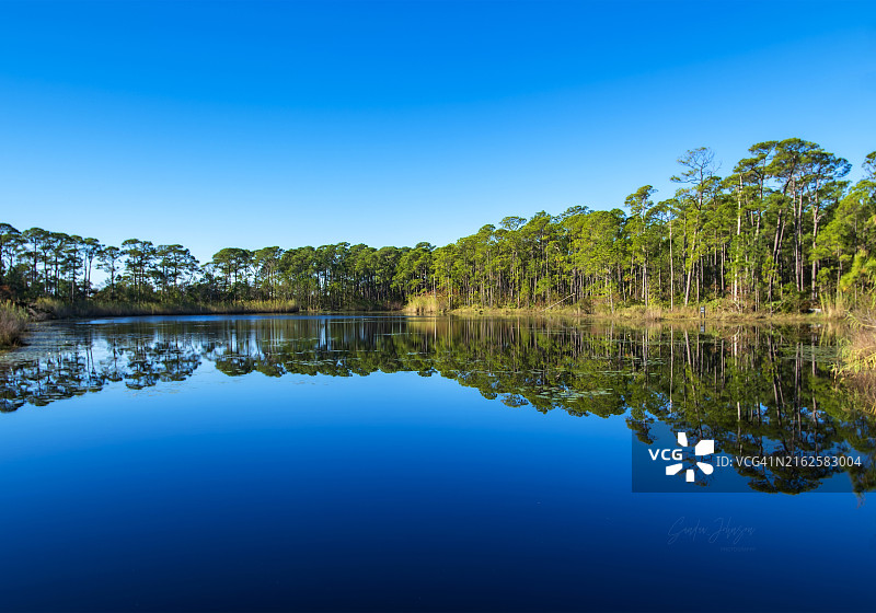 蓝天映衬下的湖景图片素材