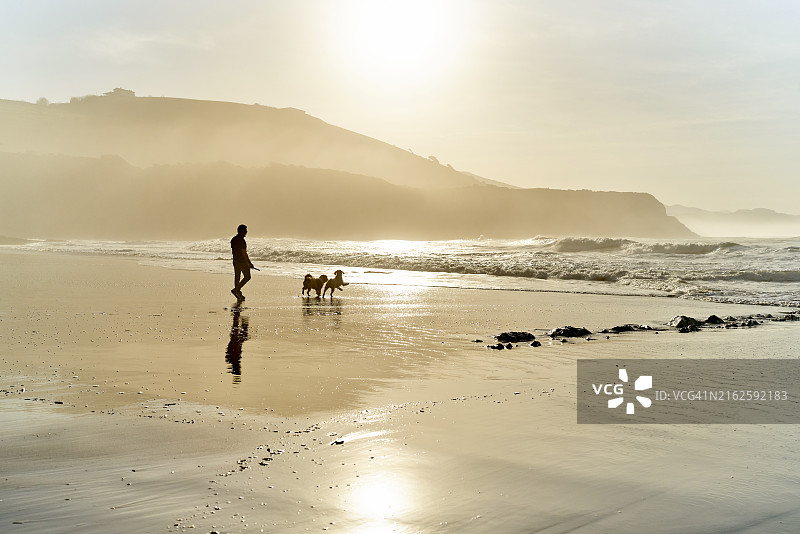 日落时分，男子在祖玛亚的沙滩上遛狗的侧视图图片素材
