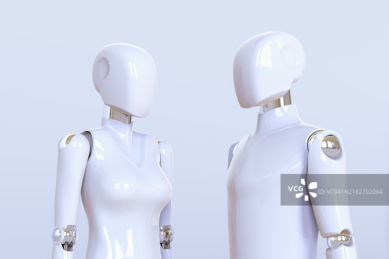 两个正在交流的机器人。男女机器人在浅蓝色背景下彼此面对站立，留有复制空间。人工智能发展主题。CGI，3D渲染图片素材