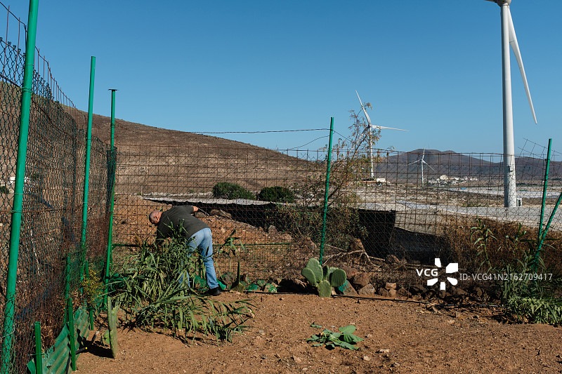 男子在有围栏的花园里工作图片素材
