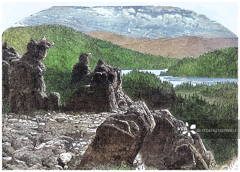 古老的刻绘插图：美国加利福尼亚州北部门多西诺县西部的安德森谷，人口稀少图片素材