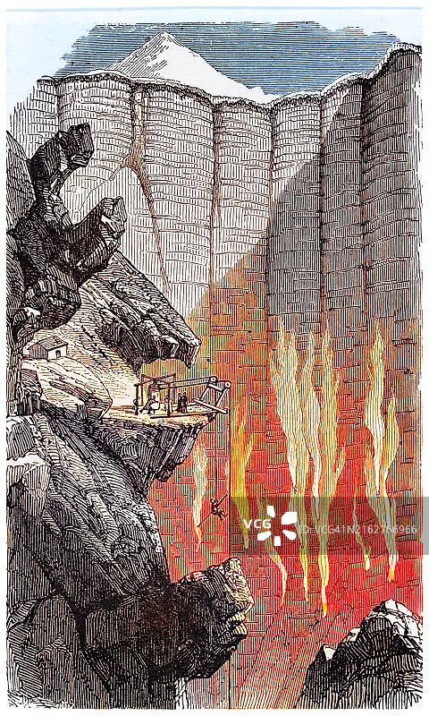 波波卡特佩特火山古老版画，位于墨西哥中部图片素材