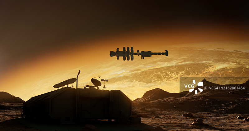 外星星球的特征是向上倾斜的卫星天线和一个悬停在上面的宇宙飞船图片素材