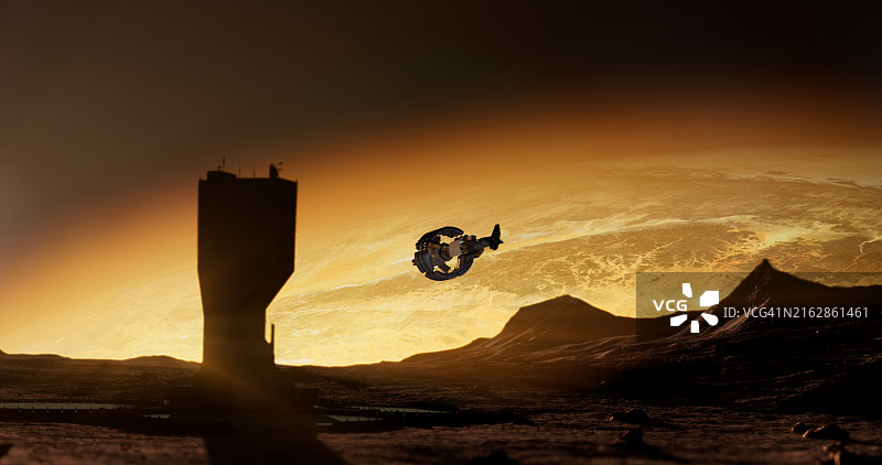 火星景观：高楼和宇宙飞船映衬着明亮的地平线图片素材