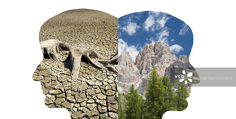 两个面孔的剪影，分别代表自然与气候变化图片素材