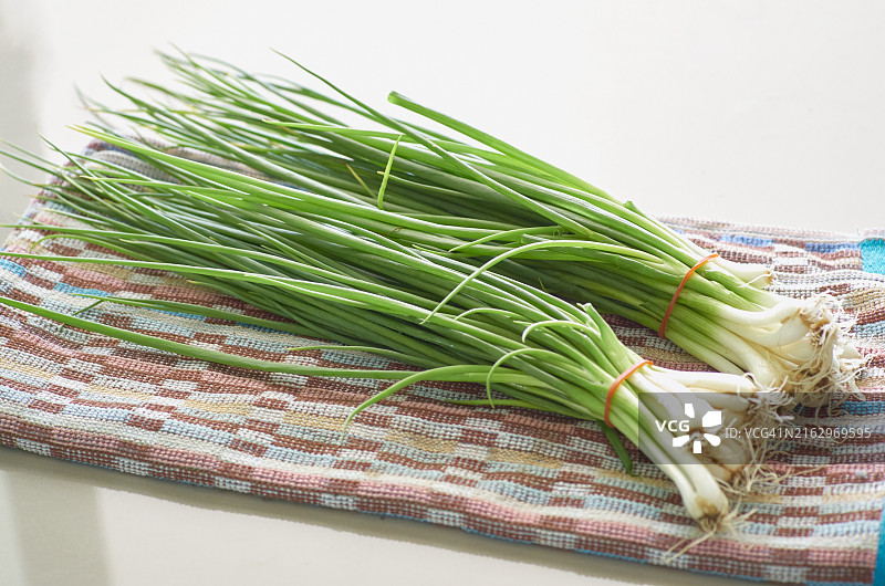 彩色抹布上的新鲜小葱图片素材