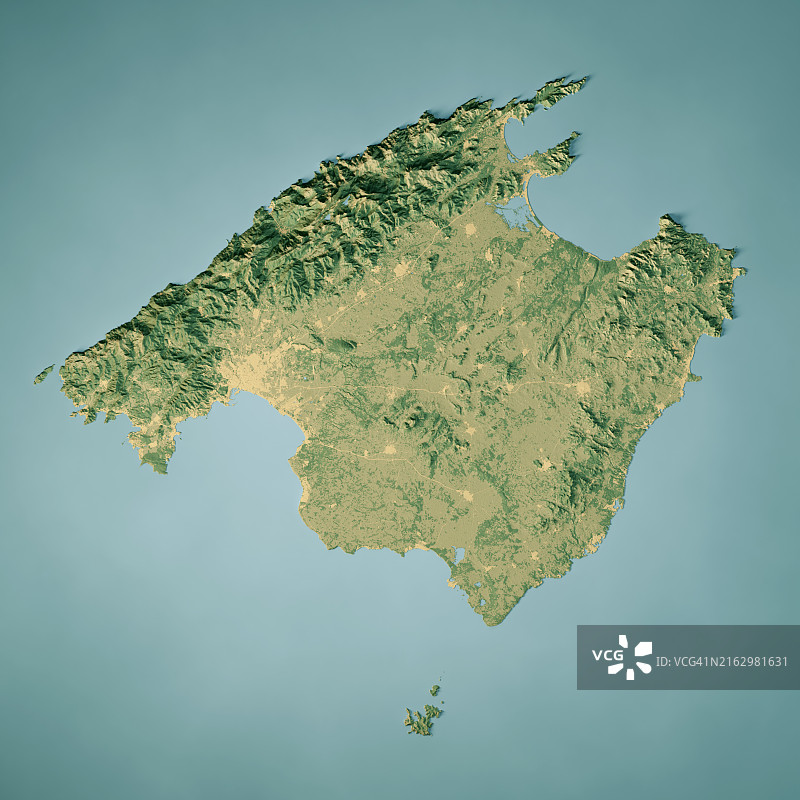 马略卡岛卫星地形图3D渲染彩色图片素材