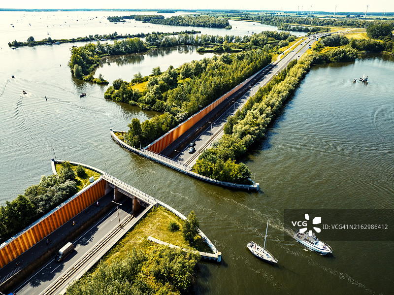 荷兰韦吕沃湖的韦吕沃梅尔渡槽，船只在公路上的运河中航行图片素材
