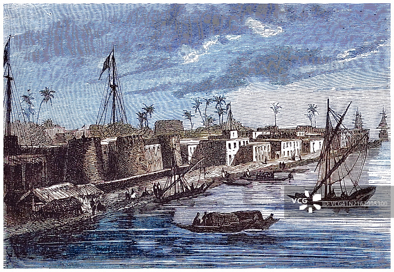 坦桑尼亚桑给巴尔群岛最大和人口最多的岛屿，桑给巴尔港的古老雕刻插图图片素材