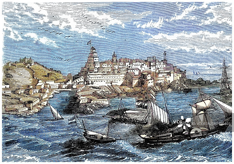 西班牙在北非海岸的自治城市梅利利亚的古老雕刻插图图片素材