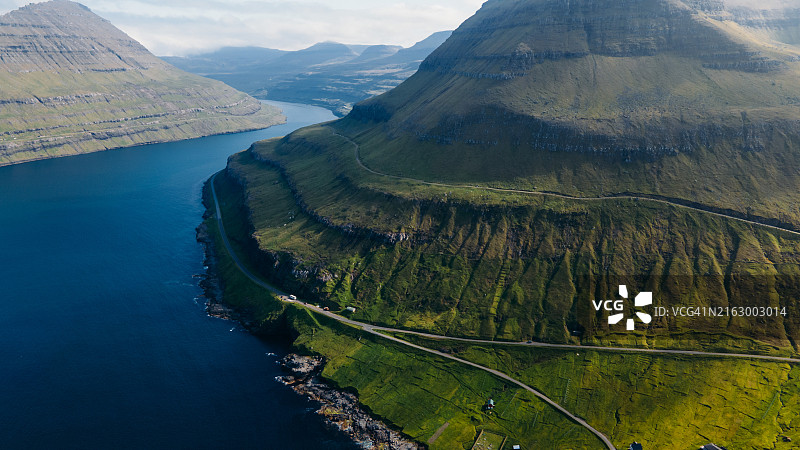 法罗群岛富宁古尔村夏季晴朗风光（Eysturoy岛）图片素材