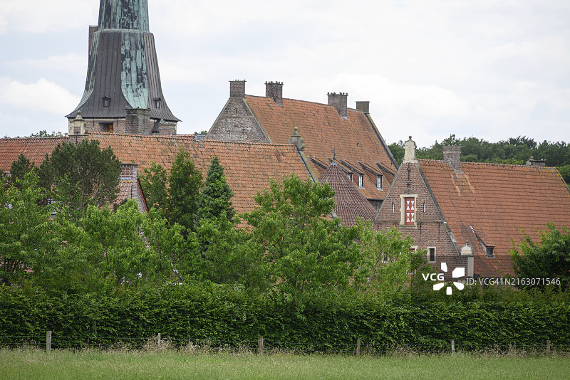 德国北莱茵-威斯特法伦州莱斯费尔德的砖房村庄、教堂塔楼和茂密植被特写图片素材