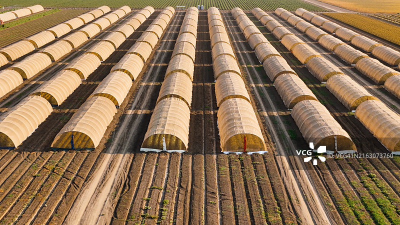 加利福尼亚州北部温室农业设施日落航拍照片图片素材