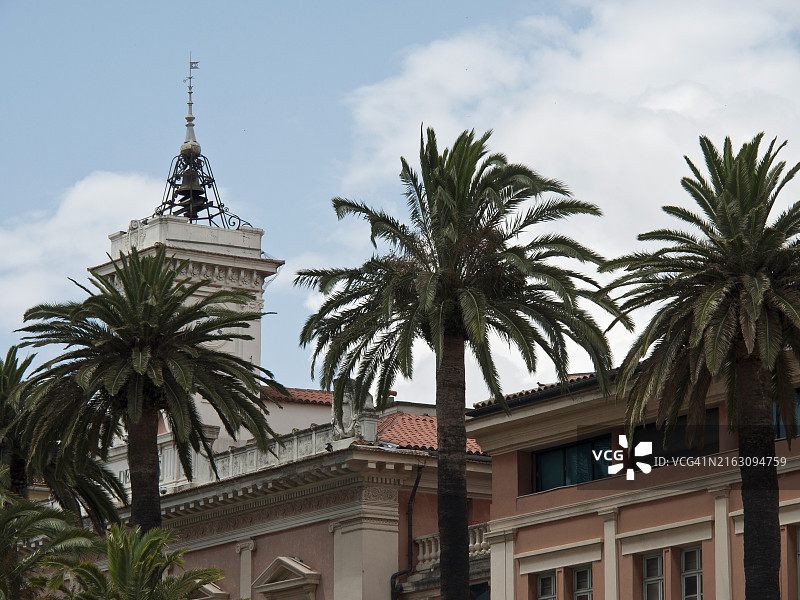 科西嘉岛阿雅克肖的历史建筑，塔楼和棕榈树图片素材